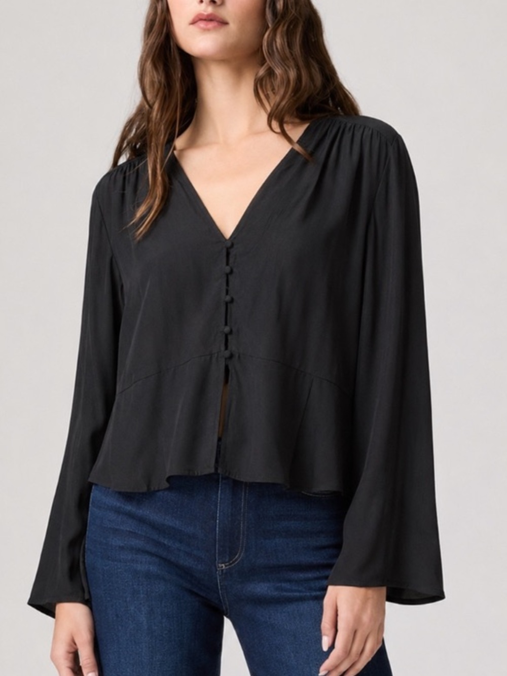 A New Day Black V-Neck Button-Down Longsleeve Satin Peplum Blouse Puff Sleeves